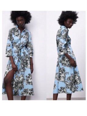 Zara Toile Print Shirt Dress Belt Size M